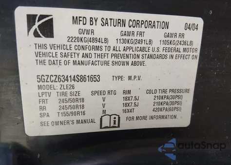 2004 Saturn Vue V6 z USA, uszkodzony, nr VIN 5GZCZ63414S861653